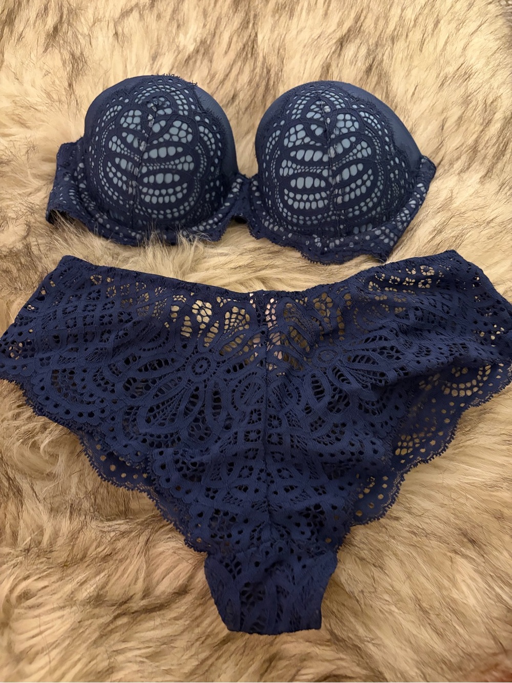 Victoria's Secret Dark Navy Crochet Strapless Lace Bra & Cheeky Panty Set